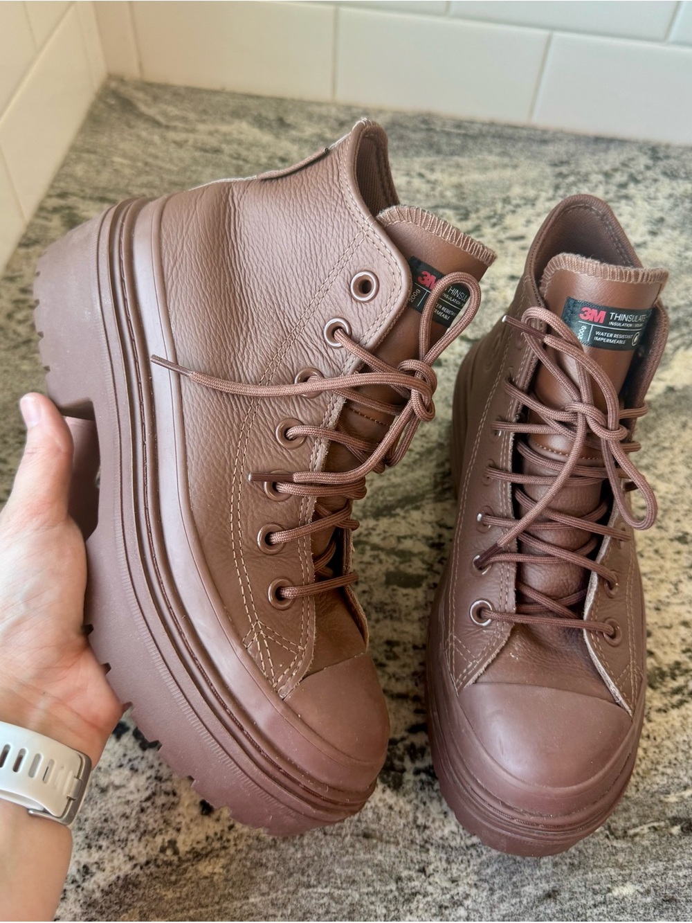 Converse Lugged Heel Platform Waterproof Boot Brown Leather Size 6 EUC